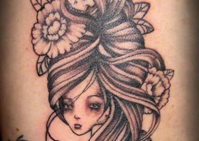 Pretty Girl with Skull & Flowers Back Tattoo