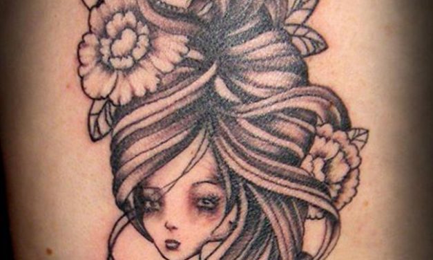 Pretty Girl with Skull & Flowers Back Tattoo