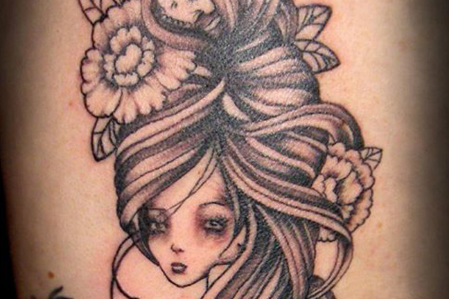 Pretty Girl with Skull & Flowers Back Tattoo