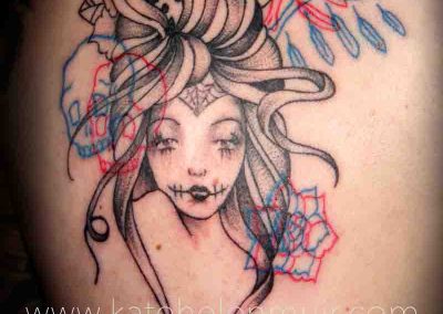 Gypsy Girl with Overlapping Skulls and Roses