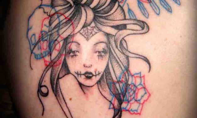 Gypsy Girl with Overlapping Skulls and Roses