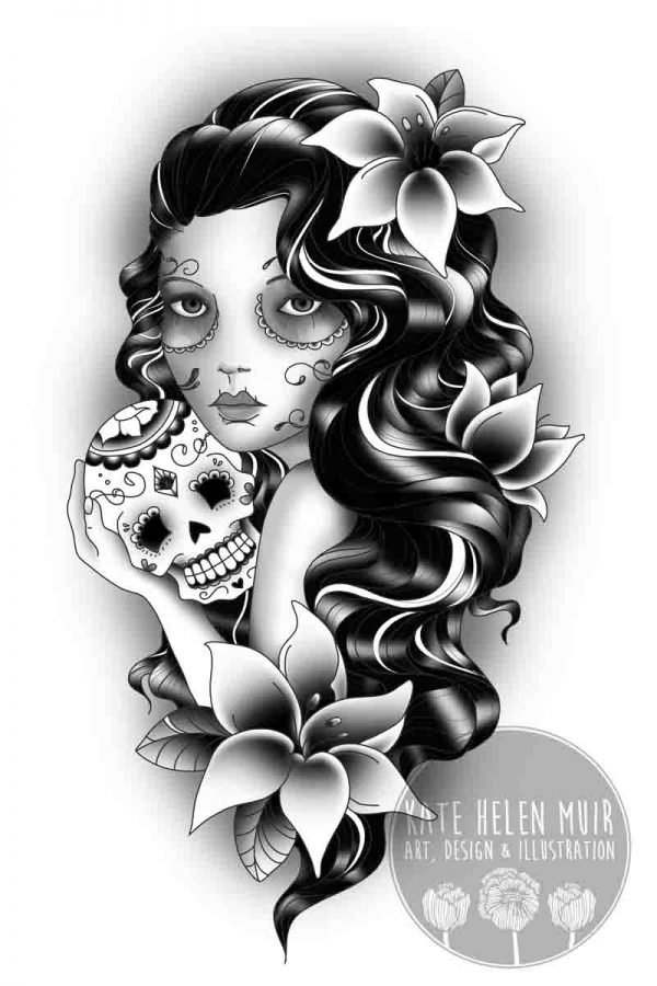 Custom Gypsy and Sugar Skull Tattoo Design | KateHelenMuir