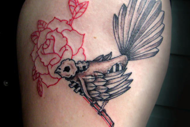 Fantail Skull and Rose Tattoo