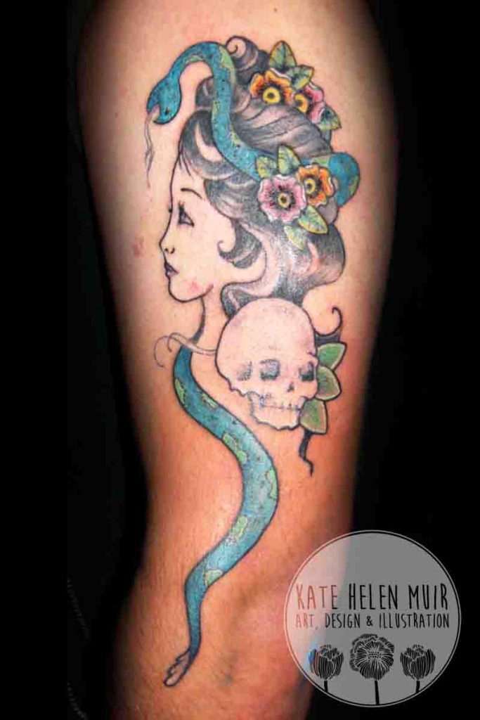 tattoo arm medusa snake girl flowers