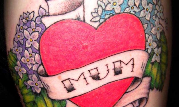 Mum Heart with Scroll and Flowers Tattoo