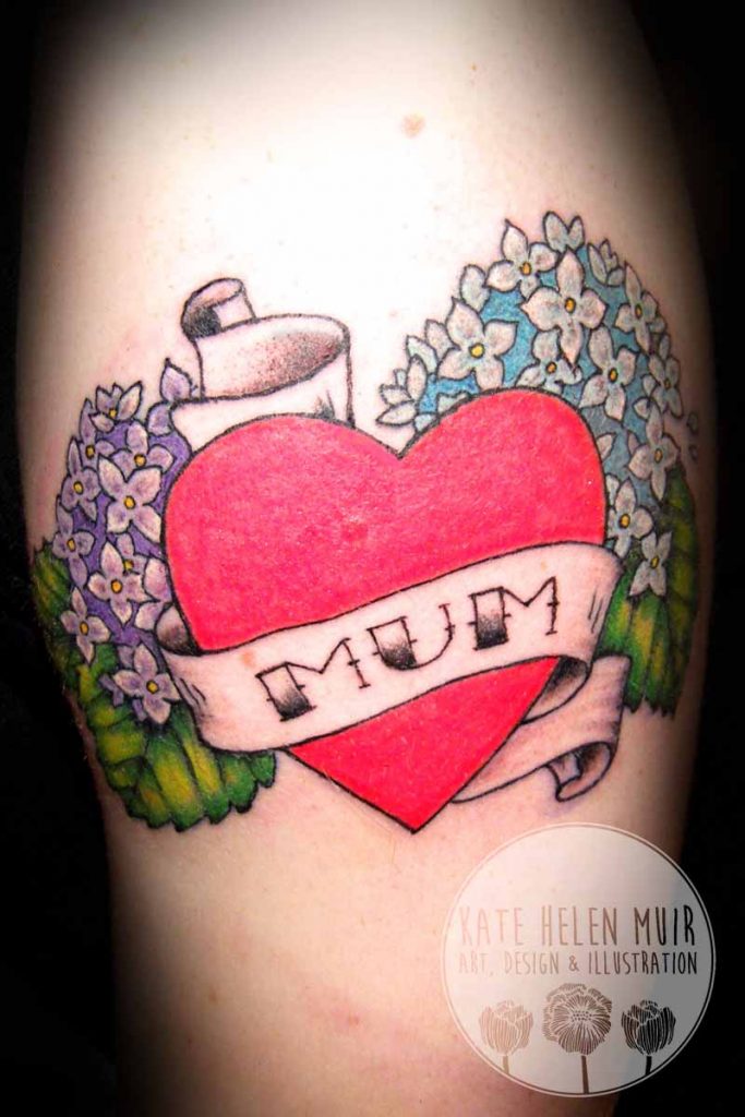 tattoo arm mum scroll heart banner flowers