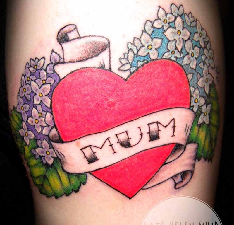 Mum Heart with Scroll and Flowers Tattoo