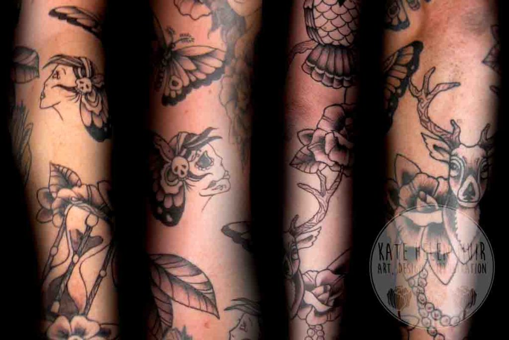 tattoo, arm, sleeve, deer, roses, butterflies, gypsy