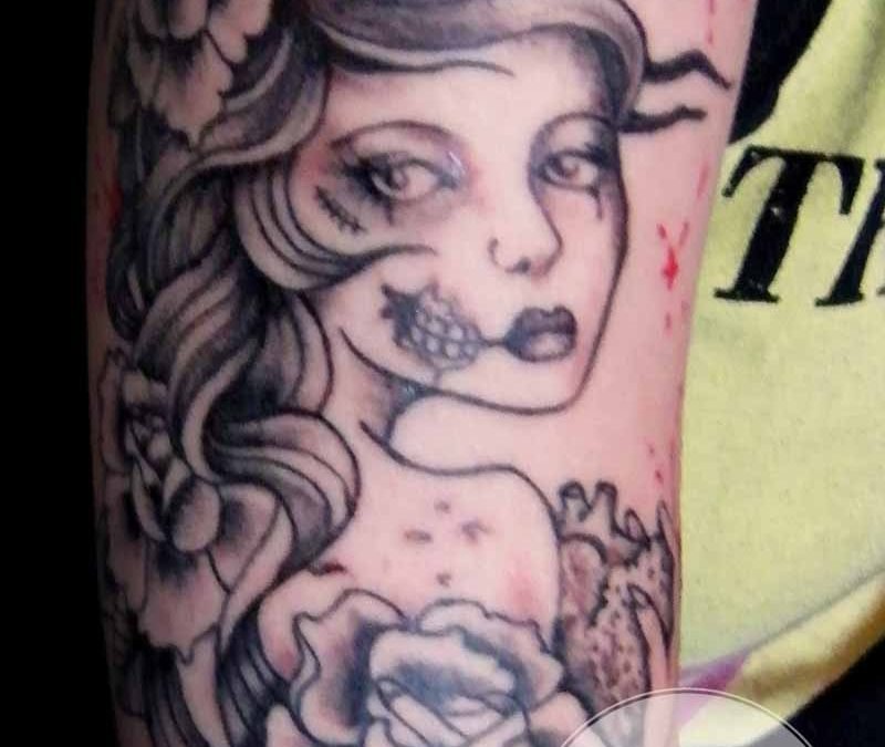 Zombie Lady and Roses Arm Tattoo