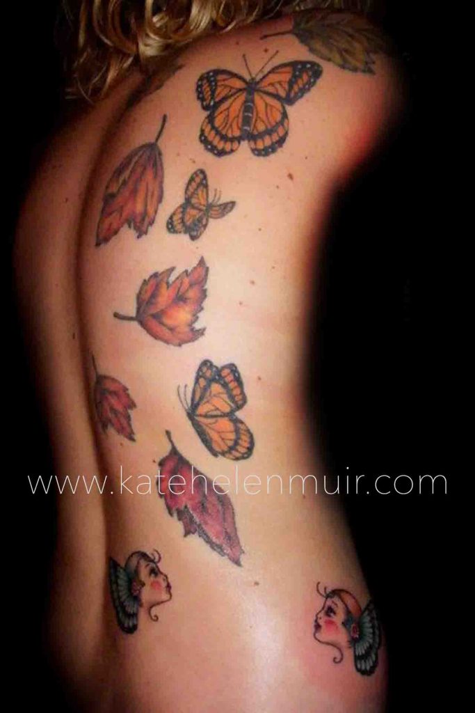 tattoo back monarch butterflies leaves