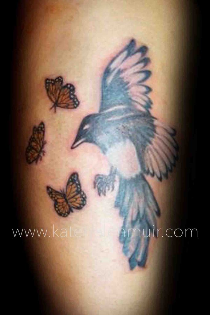 tattoo leg magpie bird monarch butterflies