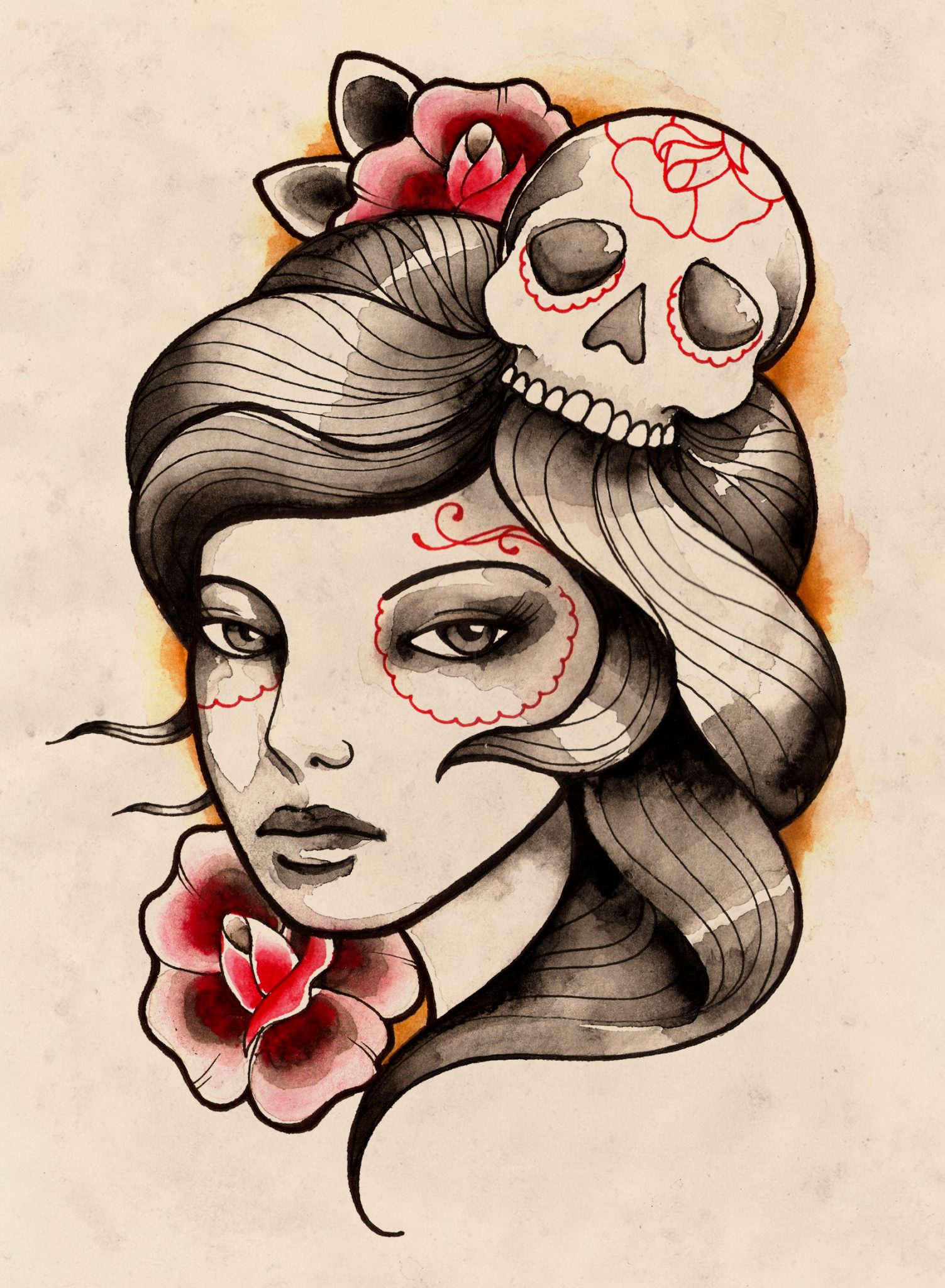 Drawing Gypsy girl with sugar skull and flowers tattoo design