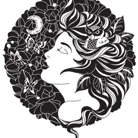 Night Owl – Digital Design of Lady, Owl, moon and Flowers