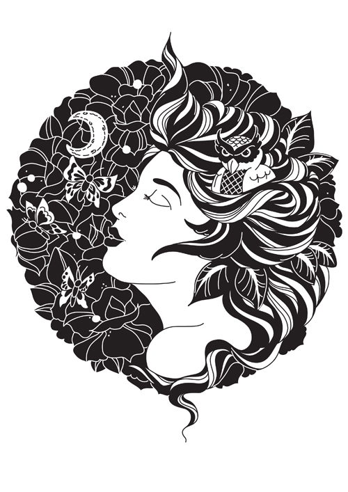 Night Owl – Digital Design of Lady, Owl, moon and Flowers