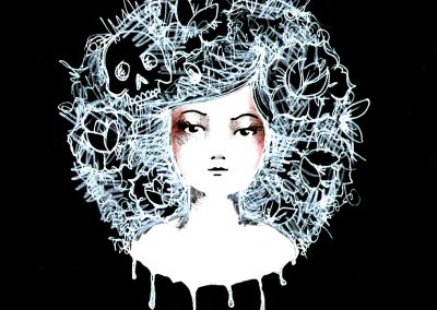 Sylvia – Cute Sketchy Girl Drawing with Roses and Skulls in Hair