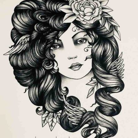 Gypsy Lady and Birds Tattoo Design