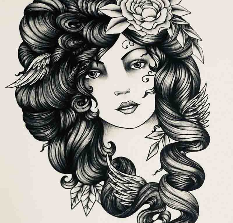 Gypsy Lady and Birds Tattoo Design