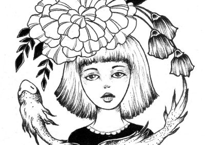 Ink Girl  – Girl, Fish and Flowers Ink Drawing