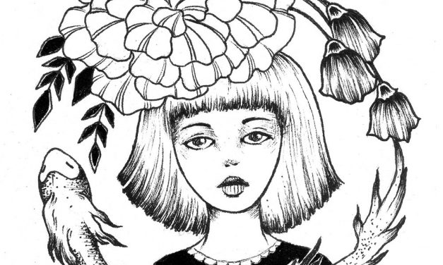 Ink Girl  – Girl, Fish and Flowers Ink Drawing