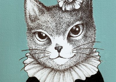 Paint and Ink drawing on Canvas – Blue Cat
