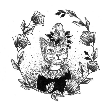 Cat Ink Design – Cat and Bird