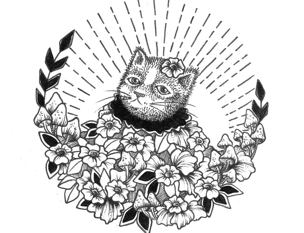 Cat Ink Design – Cat in Flowers