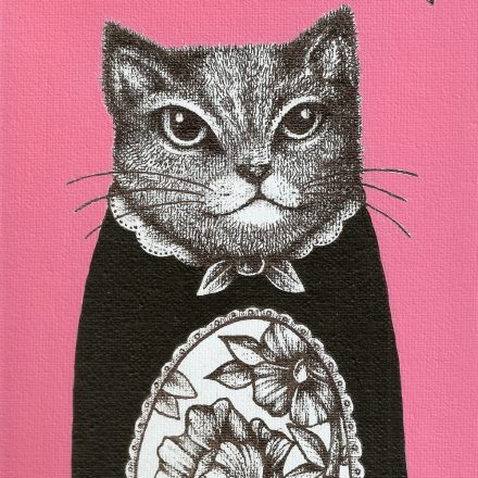Paint and Ink drawing on Canvas – Pink Cat