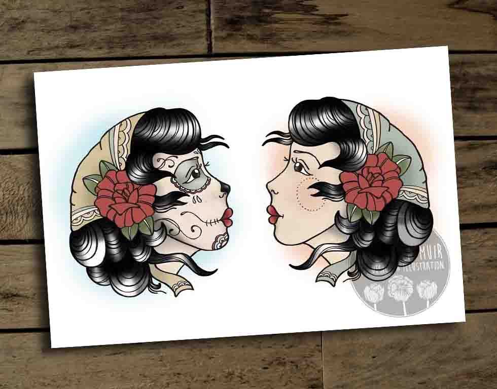 Gypsy Girl and Sugar Skull Hand Tattoo Designs