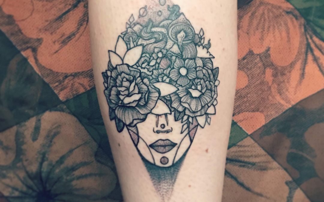 Lady’s Face and Flowers – Leg Tattoo Design