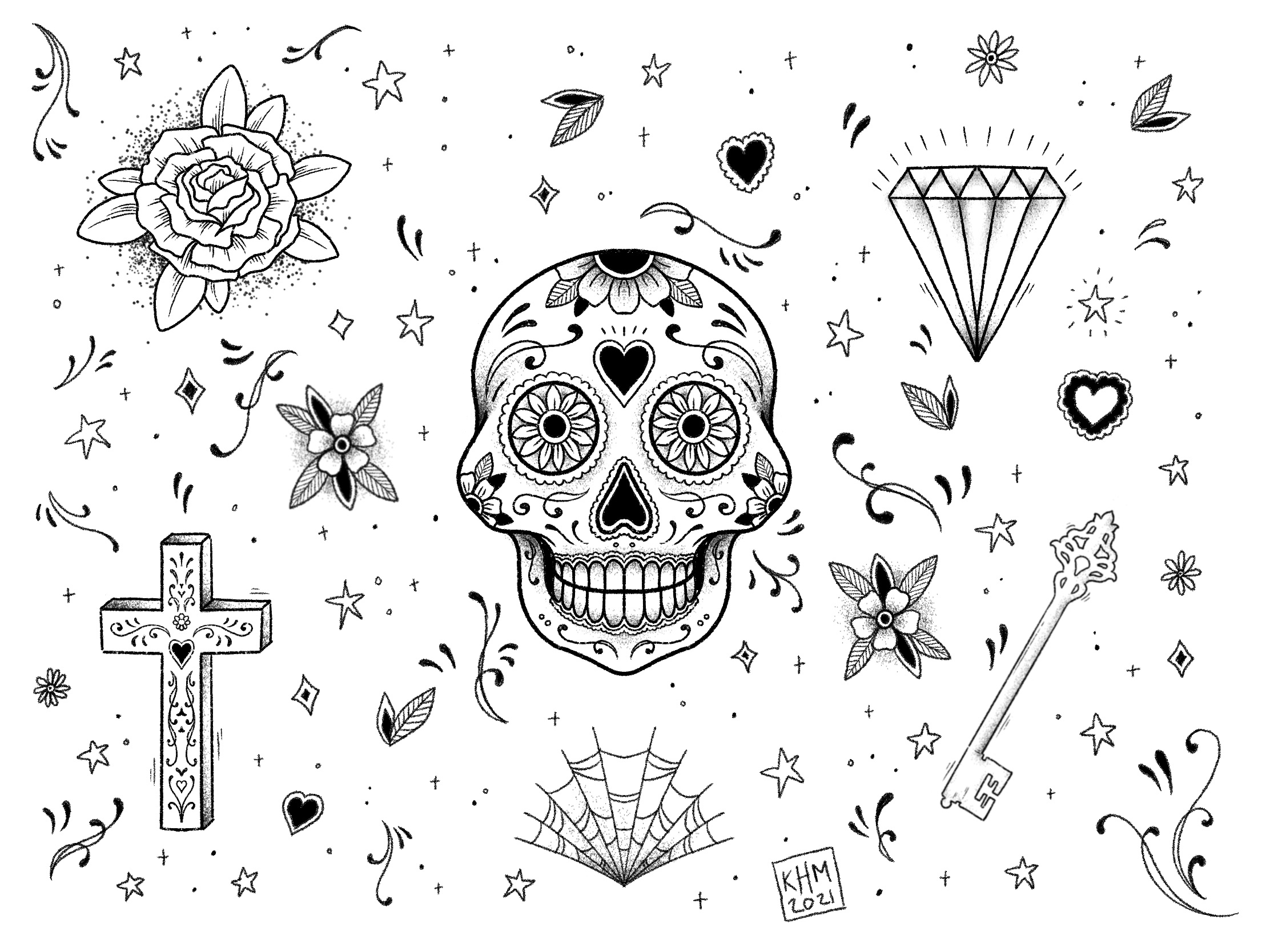 Sugar Skull Tattoo Flash Sheet #1