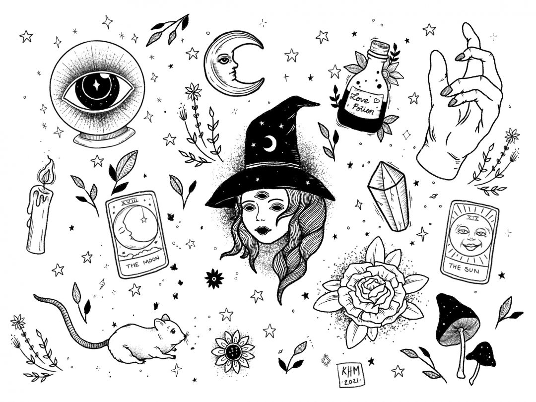 Witch Tattoo Flash Sheet 1 KateHelenMuir