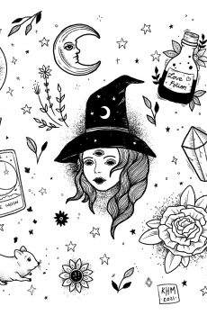 Witch tattoo flash sheet