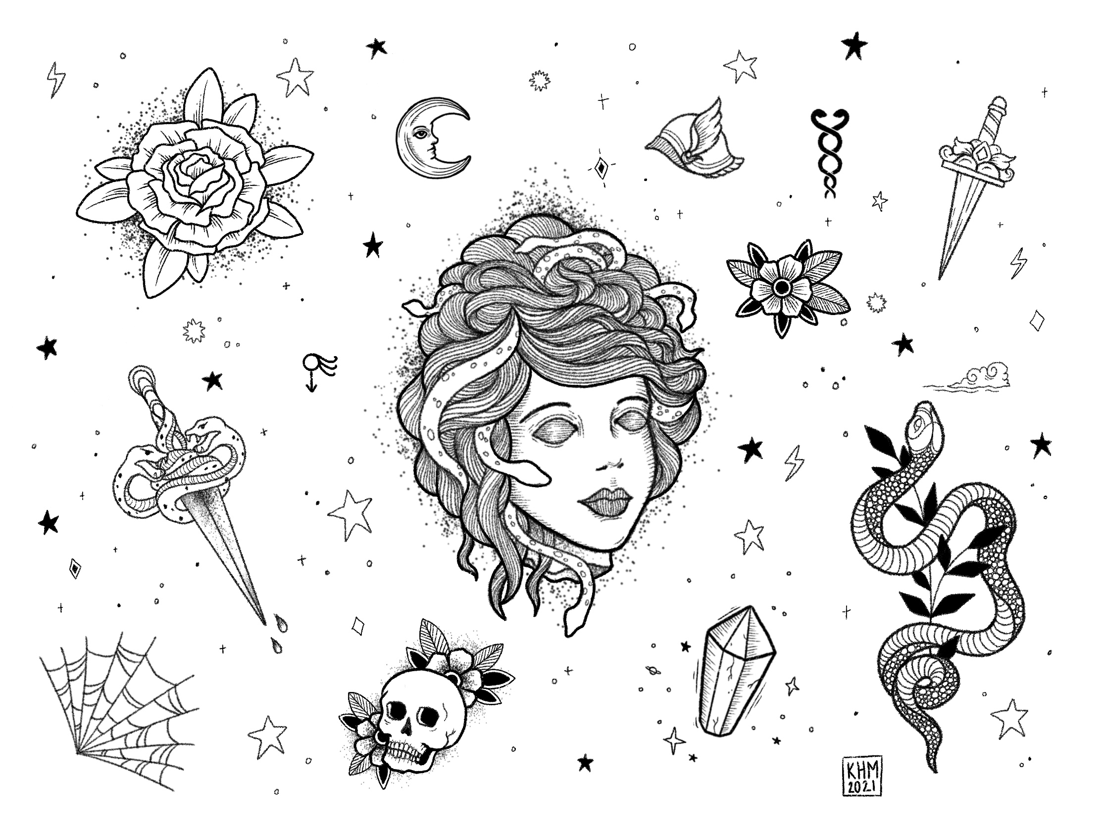 Medusa Tattoo Flash Sheet #1 | KateHelenMuir