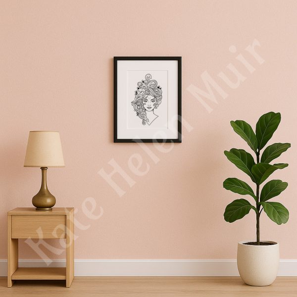 Framed Medusa art print mock-up displayed on a pink wall with a lamp and potted plant.