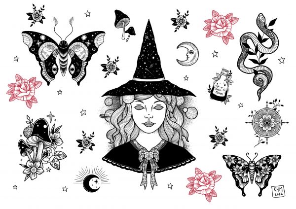 Witch Tattoo Flash Sheet #2